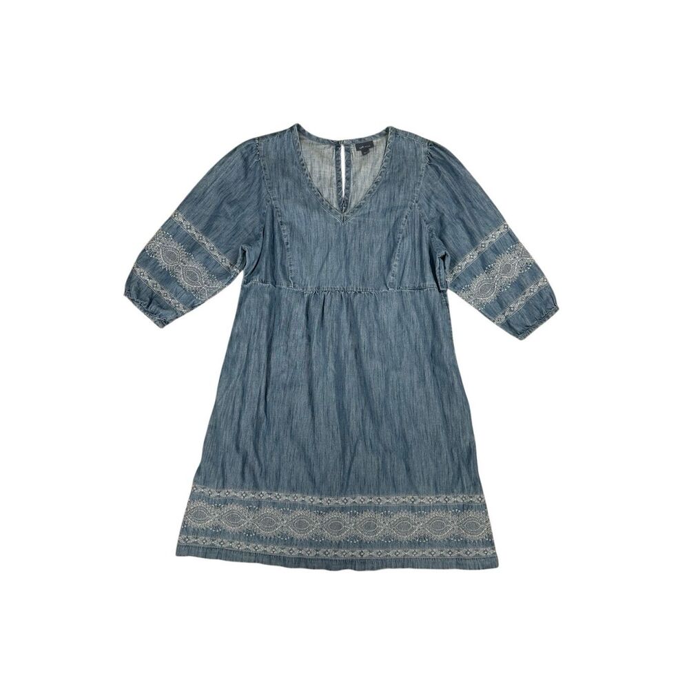 J. Jill Denim 3/4 sleeves length mini dress cotton embroidered chambray blue M